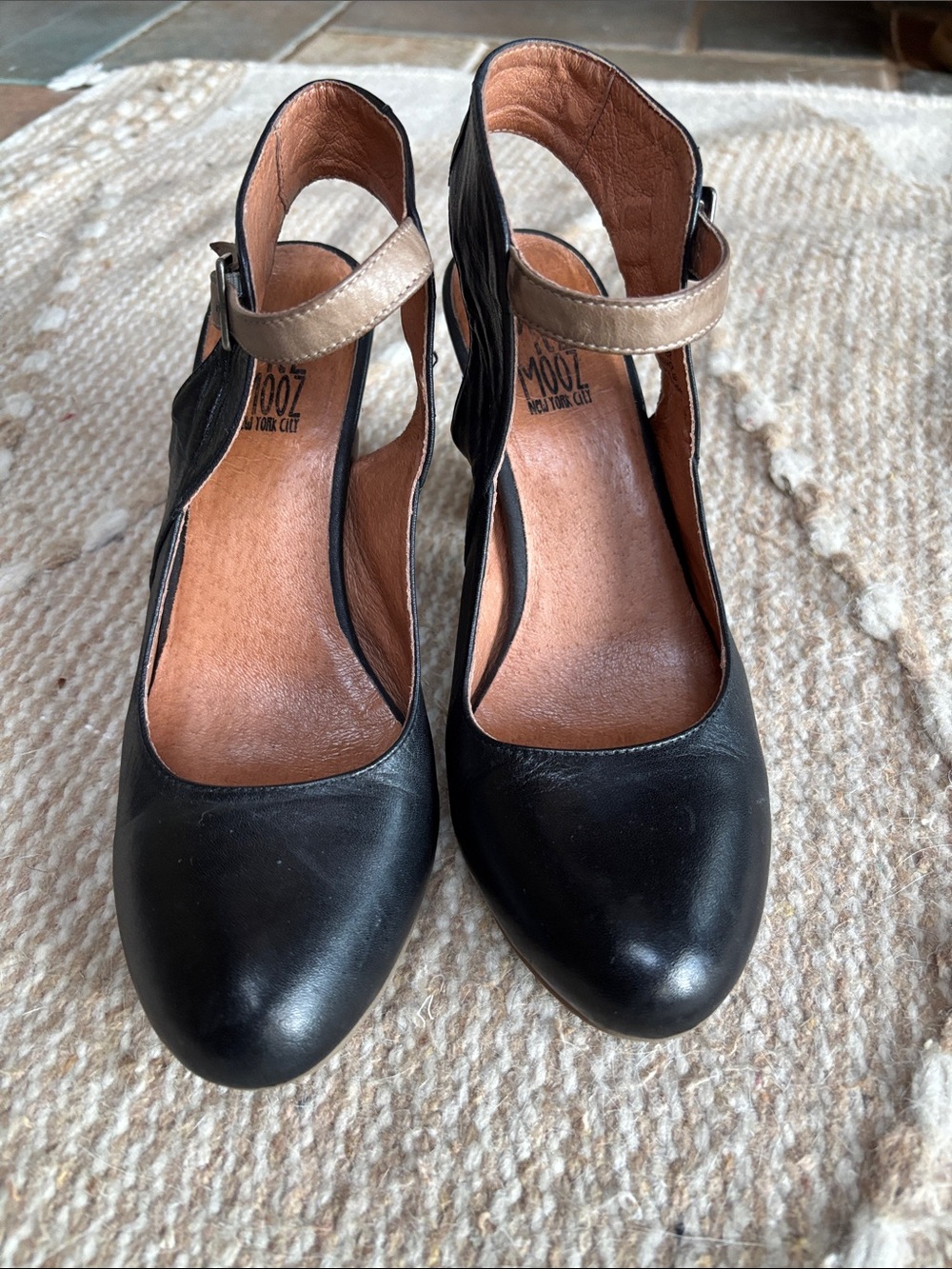 Miz Mooz Black Leather Mary Jane Pumps with tan/gold Ankle Strap